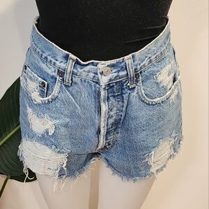 VINTAGE GAP High Waist Button Fly Distressed Denim Jean Short Floral Size 32